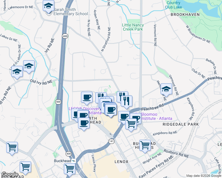 map of restaurants, bars, coffee shops, grocery stores, and more near 13 Conifer Circle Northeast in Atlanta