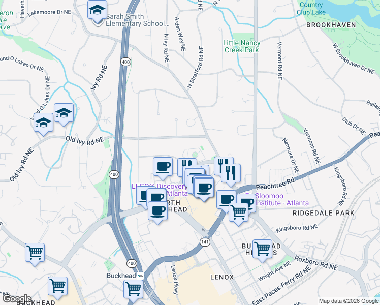 map of restaurants, bars, coffee shops, grocery stores, and more near 13 Conifer Circle Northeast in Atlanta