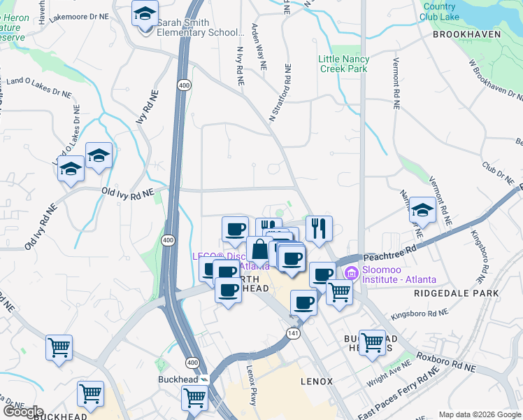 map of restaurants, bars, coffee shops, grocery stores, and more near 696 Longleaf Drive Northeast in Atlanta