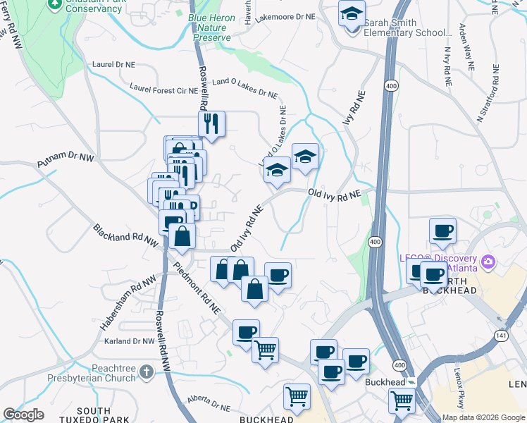 map of restaurants, bars, coffee shops, grocery stores, and more near 3505 Old Ivy Lane Northeast in Atlanta