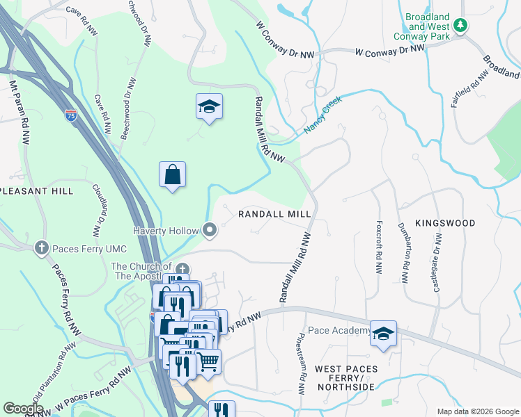 map of restaurants, bars, coffee shops, grocery stores, and more near 1141 Regency Road Northwest in Atlanta