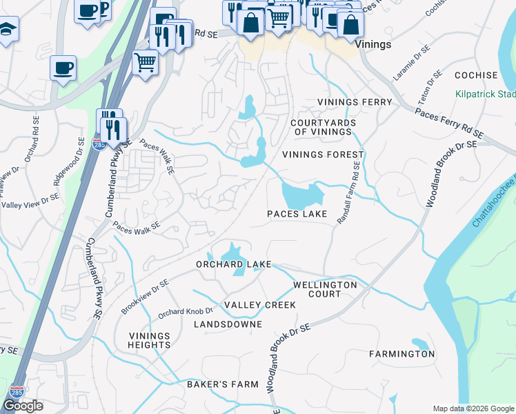 map of restaurants, bars, coffee shops, grocery stores, and more near 2915 Paces Lake Court Southeast in Atlanta
