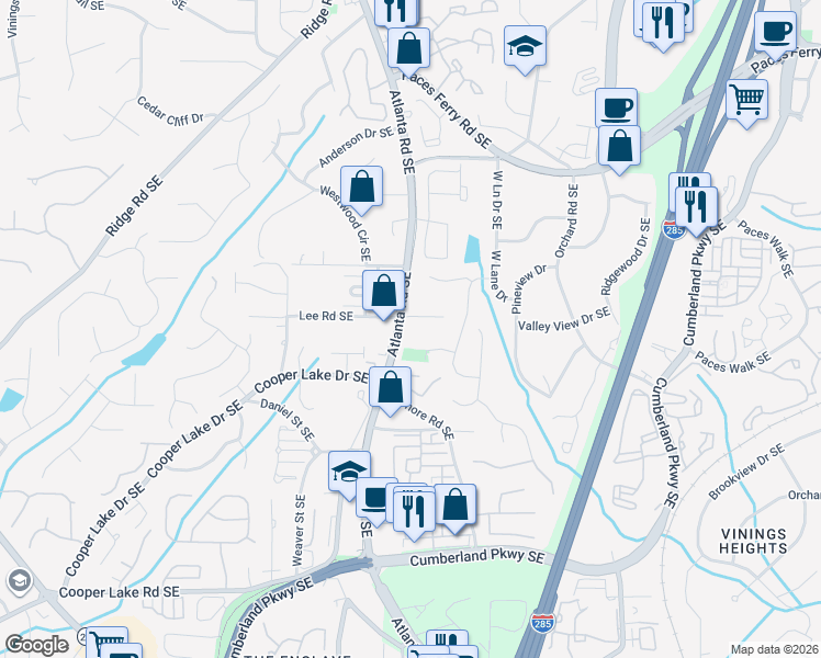 map of restaurants, bars, coffee shops, grocery stores, and more near 3975 Silver Comet Trail Cumberland Connector in Smyrna