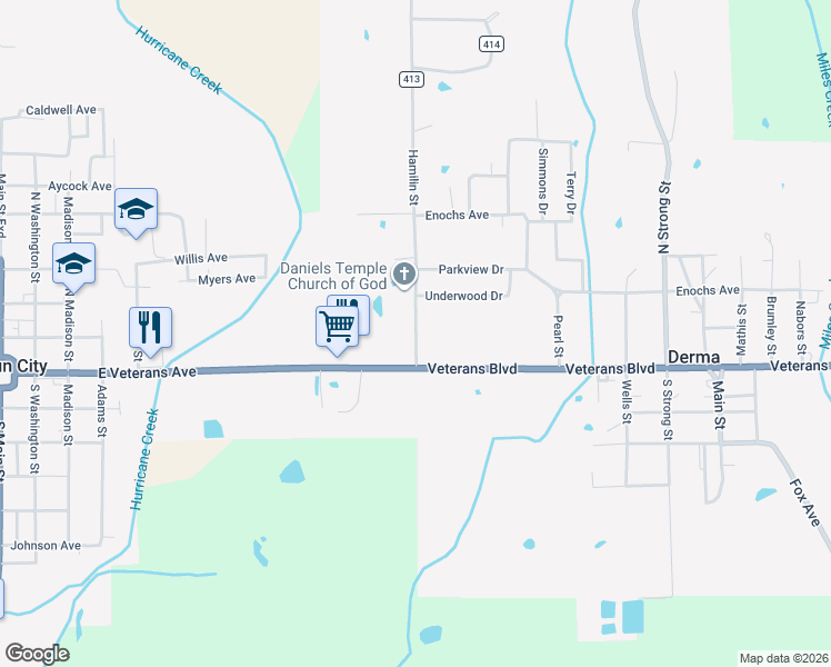 map of restaurants, bars, coffee shops, grocery stores, and more near 280 Hamilton Street in Calhoun City