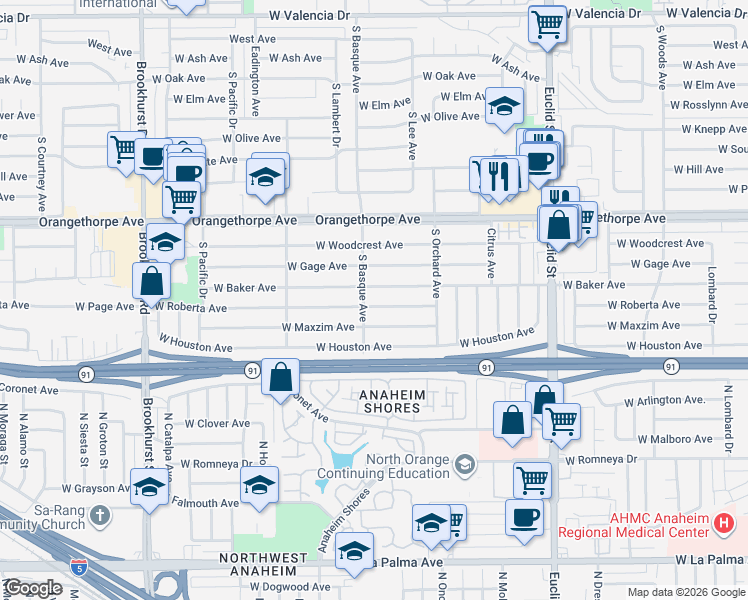 map of restaurants, bars, coffee shops, grocery stores, and more near 1347 West Roberta Avenue in Fullerton