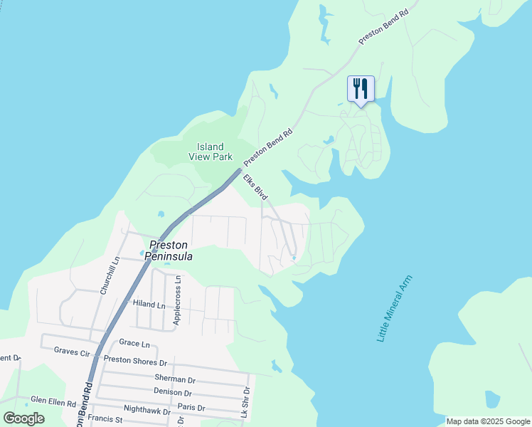 map of restaurants, bars, coffee shops, grocery stores, and more near 52 Shoreline Road in Pottsboro