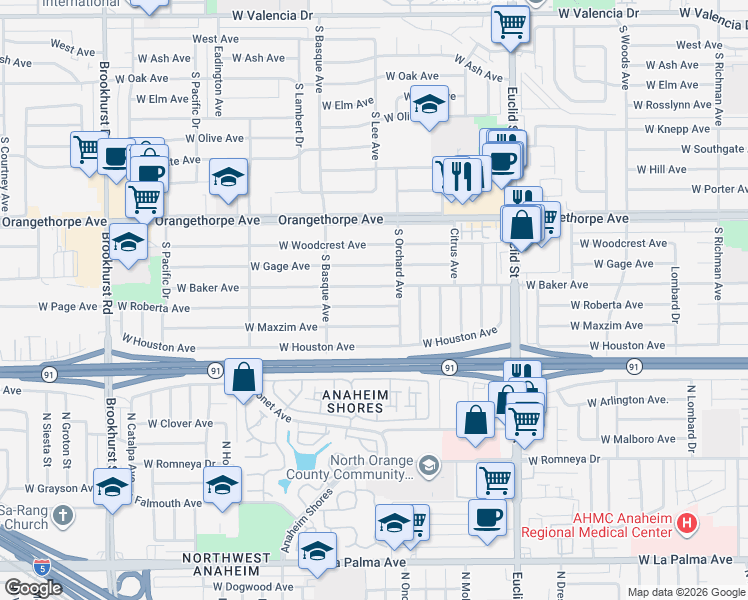 map of restaurants, bars, coffee shops, grocery stores, and more near 1307 West Roberta Avenue in Fullerton