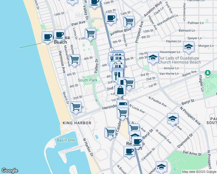 map of restaurants, bars, coffee shops, grocery stores, and more near 655 2nd Street in Hermosa Beach