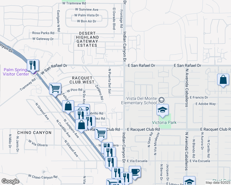 map of restaurants, bars, coffee shops, grocery stores, and more near 165 West Santa Clara Way in Palm Springs