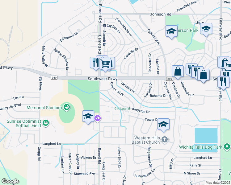 map of restaurants, bars, coffee shops, grocery stores, and more near 4712 Cape Cod Drive in Wichita Falls