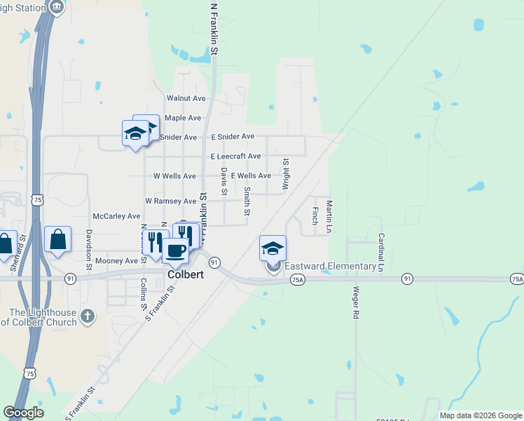 map of restaurants, bars, coffee shops, grocery stores, and more near 301 Martin Luther King Street in Colbert