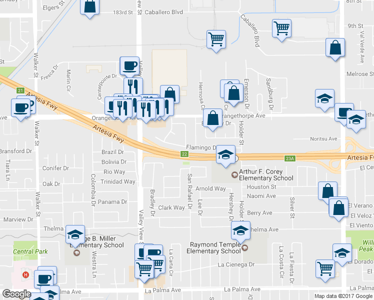 map of restaurants, bars, coffee shops, grocery stores, and more near 6254 Flamingo Drive in Buena Park