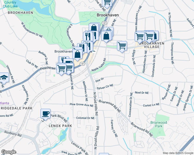 map of restaurants, bars, coffee shops, grocery stores, and more near 2593 Brookhaven Chase Lane Northeast in Atlanta