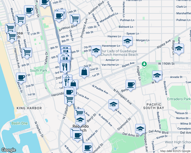 map of restaurants, bars, coffee shops, grocery stores, and more near 1206 1st Street in Hermosa Beach