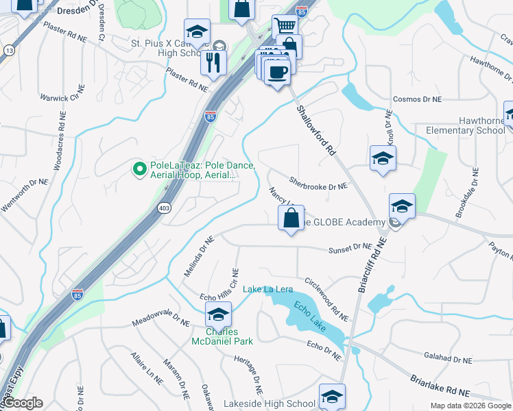 map of restaurants, bars, coffee shops, grocery stores, and more near 2424 Melinda Court Northeast in Atlanta