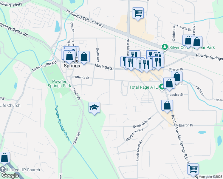 map of restaurants, bars, coffee shops, grocery stores, and more near 4007 Lafayette Drive in Powder Springs