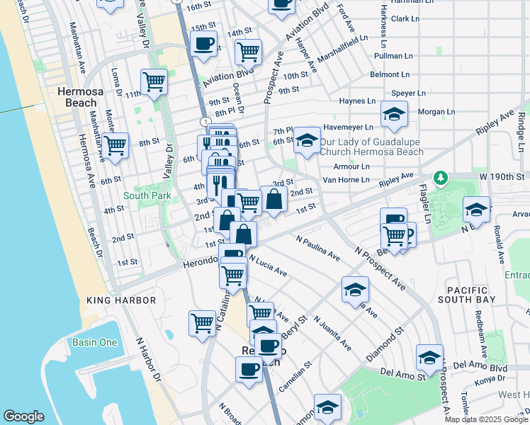 map of restaurants, bars, coffee shops, grocery stores, and more near 922 2nd Street in Hermosa Beach