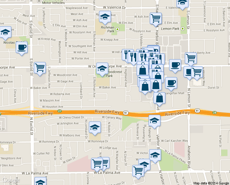 map of restaurants, bars, coffee shops, grocery stores, and more near 400 West Baker Avenue in Fullerton