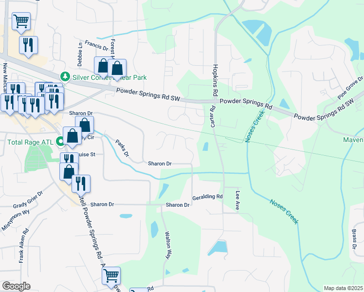 map of restaurants, bars, coffee shops, grocery stores, and more near 4036 Sharon Woods Dr in Powder Springs