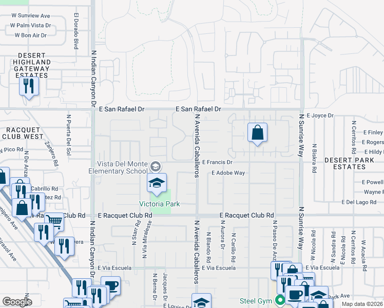 map of restaurants, bars, coffee shops, grocery stores, and more near 944 Sundance Circle South in Palm Springs