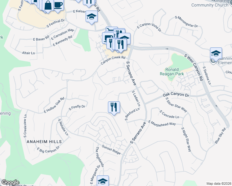 map of restaurants, bars, coffee shops, grocery stores, and more near 852 South Endicott Court in Anaheim