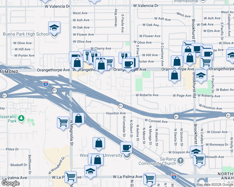 map of restaurants, bars, coffee shops, grocery stores, and more near 1438 South Peckham Street in Fullerton