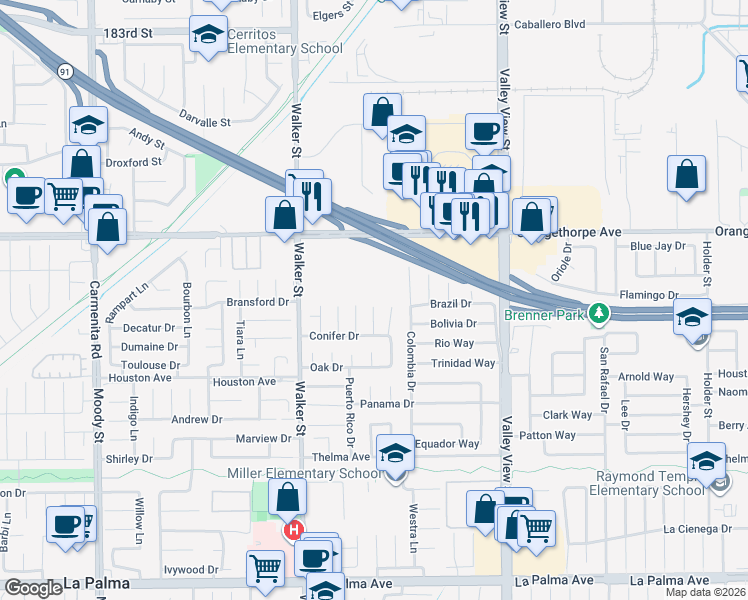 map of restaurants, bars, coffee shops, grocery stores, and more near 7301 Brian Lane in La Palma