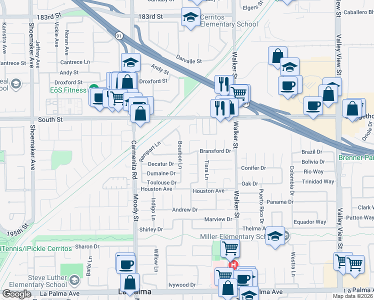 map of restaurants, bars, coffee shops, grocery stores, and more near 5301 Bransford Drive in La Palma