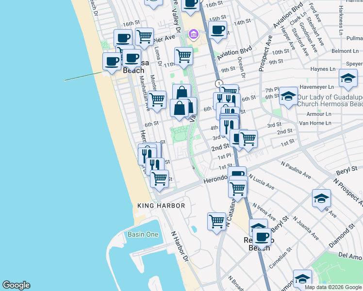 map of restaurants, bars, coffee shops, grocery stores, and more near 251 Valley Drive in Hermosa Beach