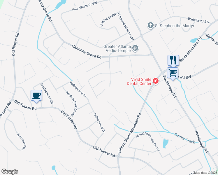 map of restaurants, bars, coffee shops, grocery stores, and more near 564 Grove Creek Court Southwest in Lilburn