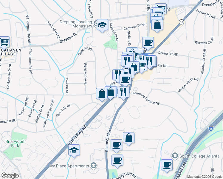 map of restaurants, bars, coffee shops, grocery stores, and more near 2733 East Drew Valley Road Northeast in Atlanta