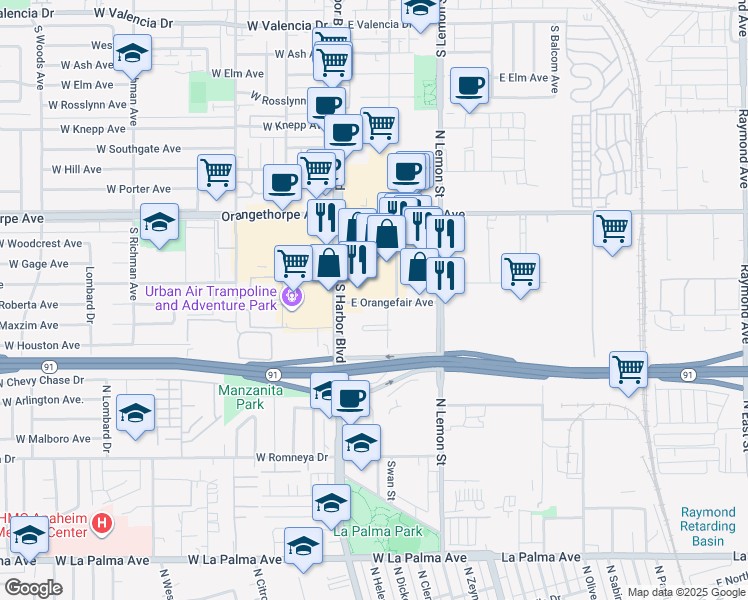 map of restaurants, bars, coffee shops, grocery stores, and more near 215 East Orangefair Mall in Fullerton
