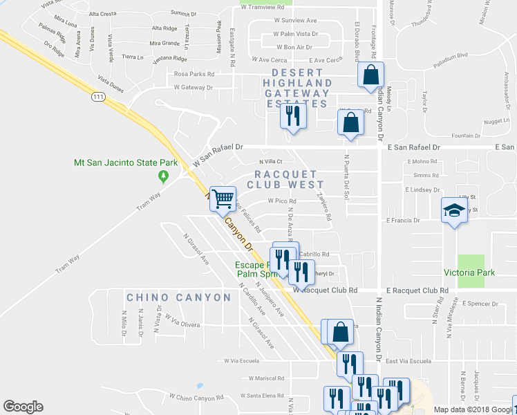 map of restaurants, bars, coffee shops, grocery stores, and more near 525 West Pico Road in Palm Springs