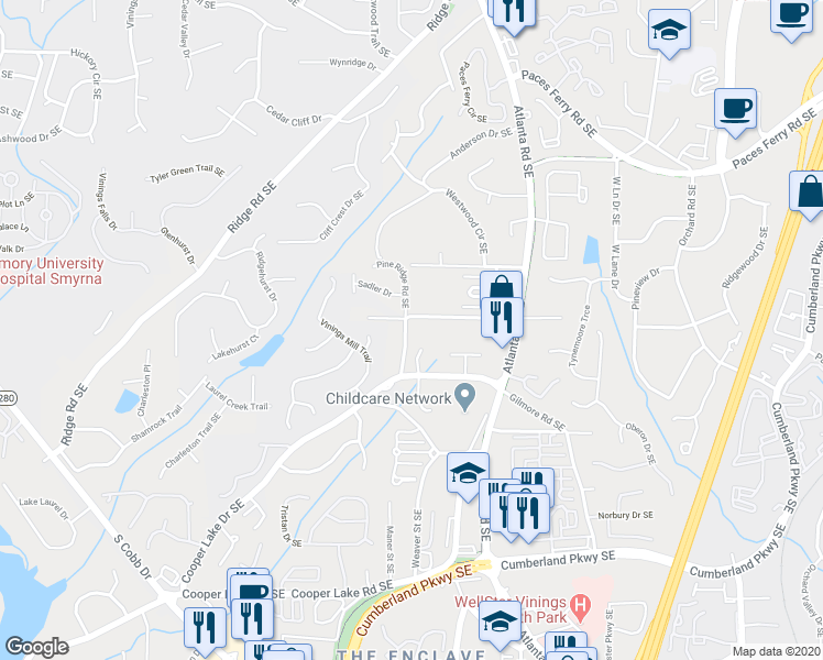 map of restaurants, bars, coffee shops, grocery stores, and more near 1998 West Lee Road Southeast in Smyrna