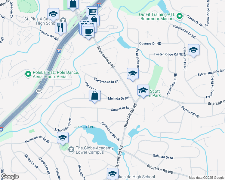 map of restaurants, bars, coffee shops, grocery stores, and more near 2429 Sherbrooke Court Northeast in Atlanta
