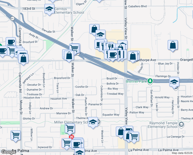map of restaurants, bars, coffee shops, grocery stores, and more near 7301 Brian Lane in La Palma