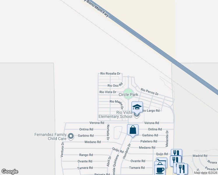 map of restaurants, bars, coffee shops, grocery stores, and more near Rio Oso Road in Cathedral City