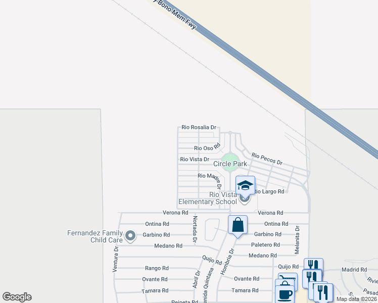 map of restaurants, bars, coffee shops, grocery stores, and more near Rio Oso Road in Cathedral City