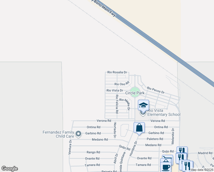 map of restaurants, bars, coffee shops, grocery stores, and more near 67374 Rio Vista Drive in Cathedral City