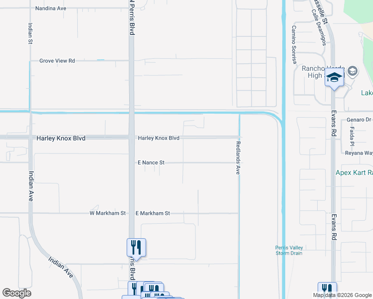 map of restaurants, bars, coffee shops, grocery stores, and more near 220 East Nance Street in Perris