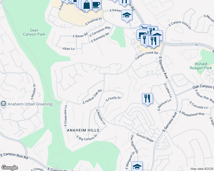map of restaurants, bars, coffee shops, grocery stores, and more near 837 South Lee Marie Circle in Anaheim