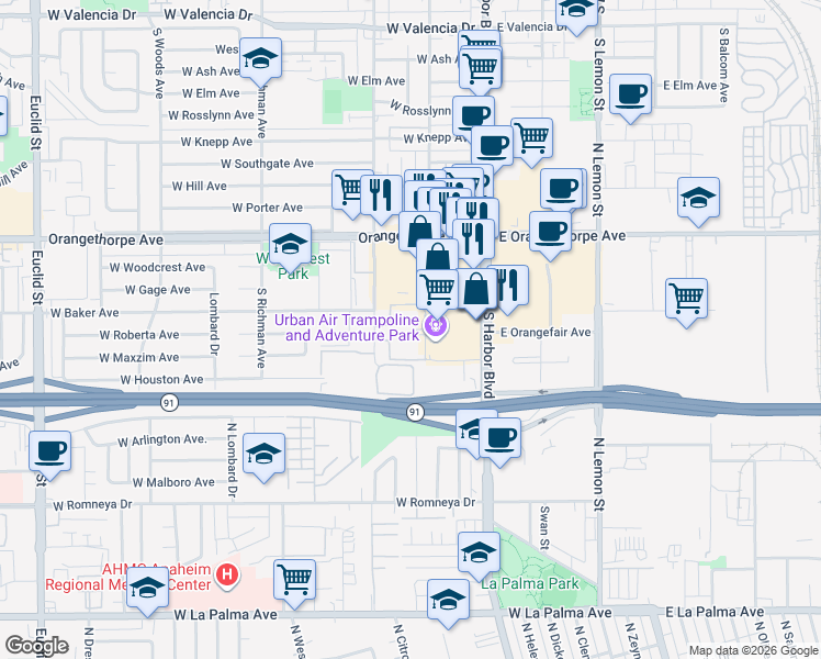 map of restaurants, bars, coffee shops, grocery stores, and more near 1438 South Highland Avenue in Fullerton