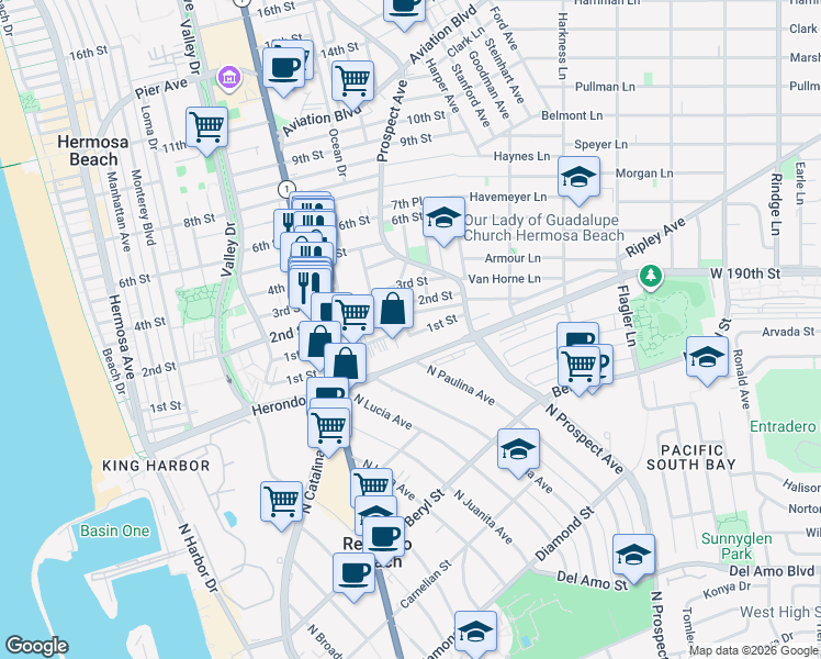 map of restaurants, bars, coffee shops, grocery stores, and more near 1003 1st Street in Hermosa Beach