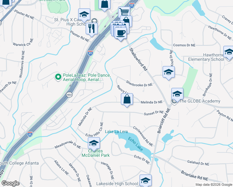 map of restaurants, bars, coffee shops, grocery stores, and more near 2466 Nancy Lane Northeast in Atlanta