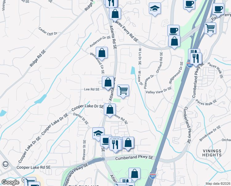 map of restaurants, bars, coffee shops, grocery stores, and more near 3975 Silver Comet Trail Cumberland Connector in Smyrna