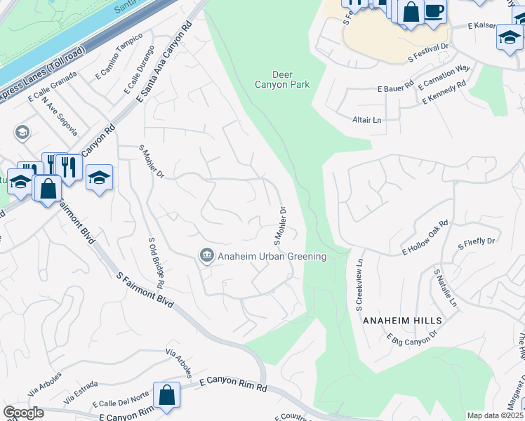 map of restaurants, bars, coffee shops, grocery stores, and more near 375 East Shivom Court in Anaheim