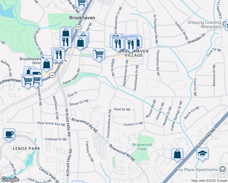 map of restaurants, bars, coffee shops, grocery stores, and more near 1367 Cartecay Drive Northeast in Atlanta