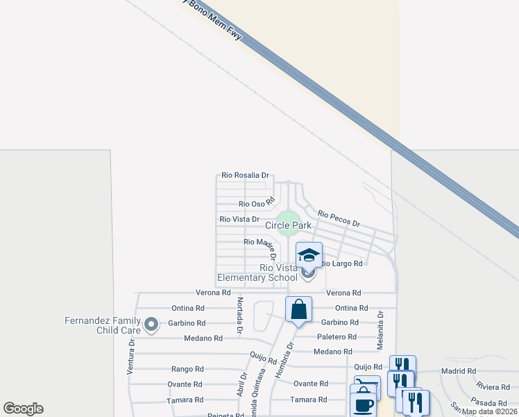 map of restaurants, bars, coffee shops, grocery stores, and more near 26366 Rio Oso Road in Cathedral City