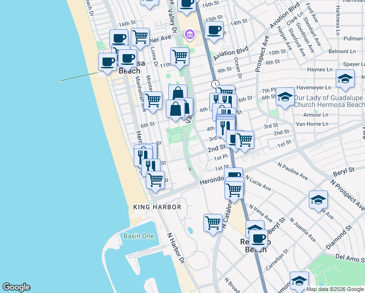 map of restaurants, bars, coffee shops, grocery stores, and more near 251 Valley Drive in Hermosa Beach