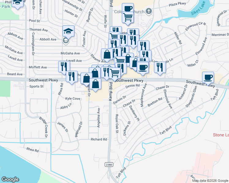 map of restaurants, bars, coffee shops, grocery stores, and more near 2726 Devon Road in Wichita Falls